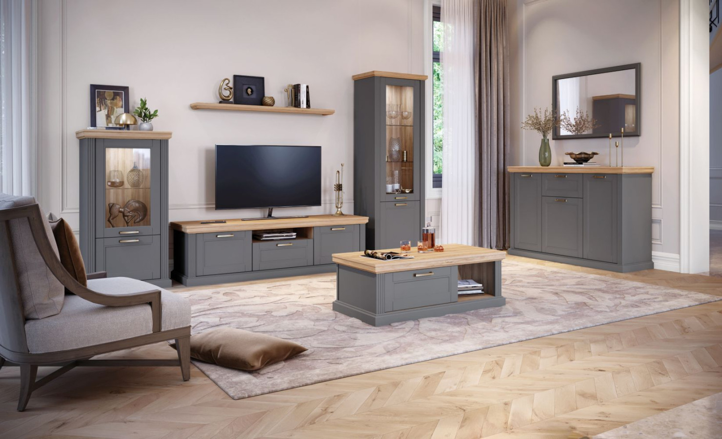 Wohnzimmer Komplett - Set C Lotofaga, -teilig, Farbe: Grau / Walnuss